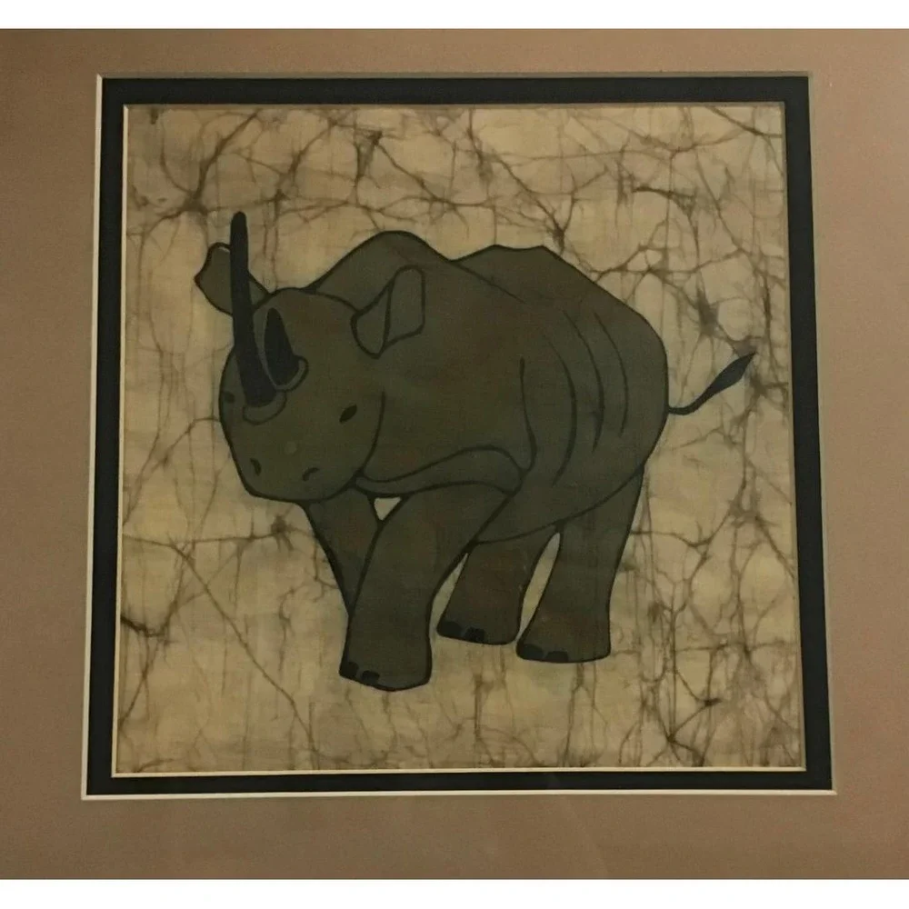 Vintage‎ African Rhino Batik Fabric Art Framed Textile Rhinoceros Tribal Decor